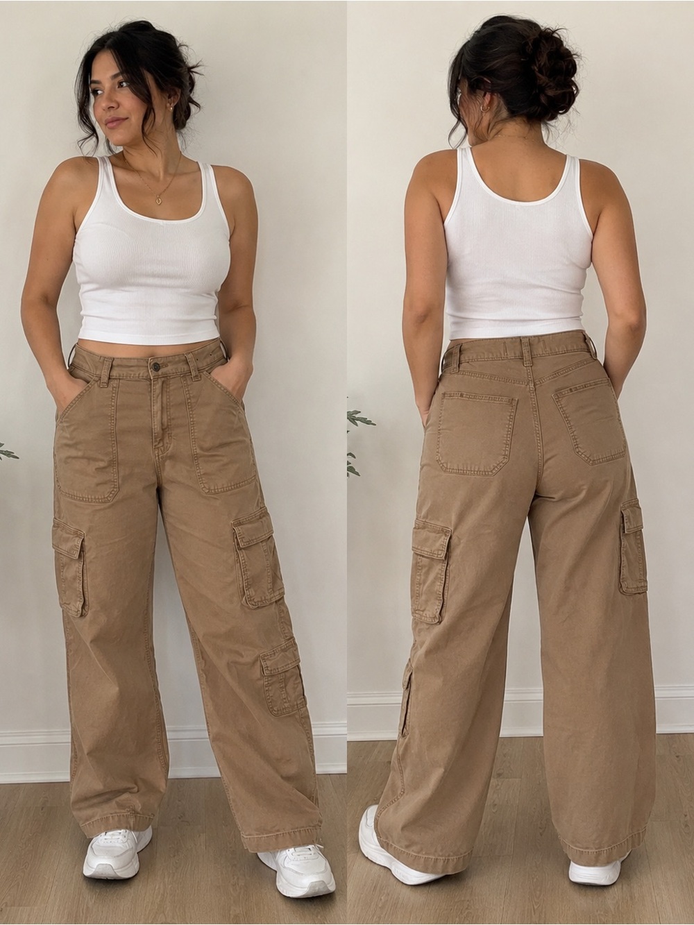 Hollister Ultra High-Rise Baggy Cargo Pants Tan Khaki Wide Leg Utility W23 - Picture 1 of 4